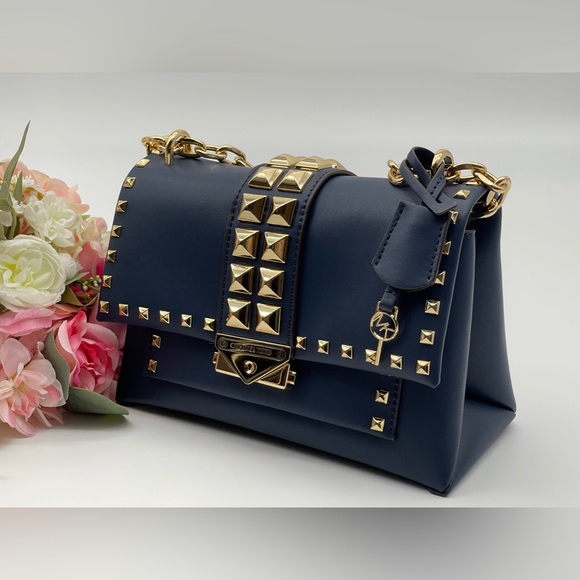 Michael Kors Navy Faux Leather Studs Satchel Shoulder Bag - Picture 8 of 16